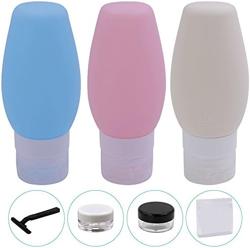Letilio Travel Bottles Set-New,portable leak proof cosmetic shampoo,lotion,shower gel,soap,containers, dispensing refillable,food grade silicone(Blue,Pink and White,3Fl Oz3)