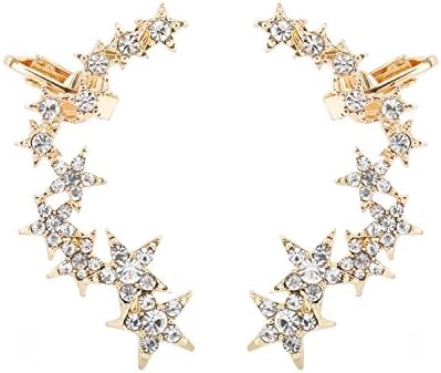 DaXi Graduated Stars Crystal Ear Crawler Cuff Climber Earrings Ear Clip Pierced Earrings (Gold)