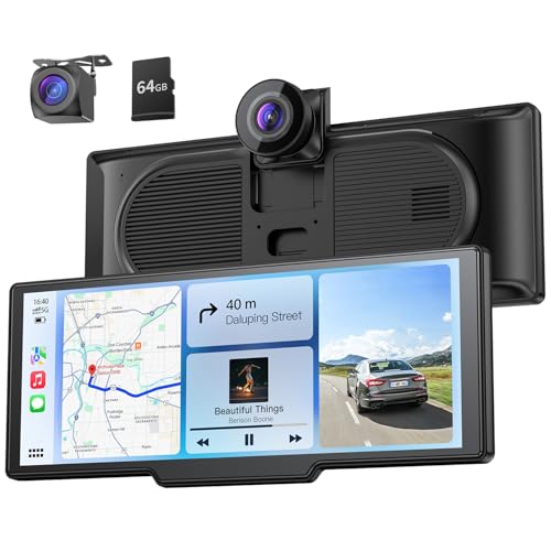 9,26" Drahtloses Tragbarer Car Play Display mit 4K-Front- & HD-Rückfahr-Dual-Dashcam für Apple CarPlay & Android Auto mit OTA-Updates, Mirror Link, Bl