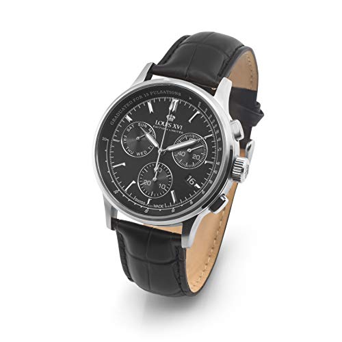 LOUIS-XVI-Herren-Armbanduhr-Monseigneur-Silber-Schwarz-Chronograph-Analog-Quarz-echtes-Leder-Schwarz-910
