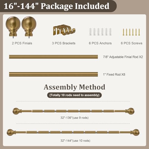 Warm Gold Curtain Rods for Windows 72-144 Inch Brass Extra Long Heavy Duty | Adjustable single 1" Diameter with vintage Brushed Bronze Metal Finials Antique for Living Room Bedroom Farmhouse Kitchen