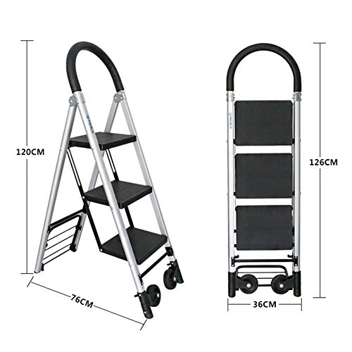 ZXMTC Portable Shopping Trolleys Step Ladder Hand Truck Convertible Aluminum 2 in 1 Folding Hand Truck Dolly with Two Wheels 3-Steps Store (Color : Black, Size : 3676120 cm)