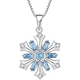 FJ Snowflake Necklace 925 Sterling Silver Winter Frozen Pendant Necklace Aquamarine Jewelry for Women