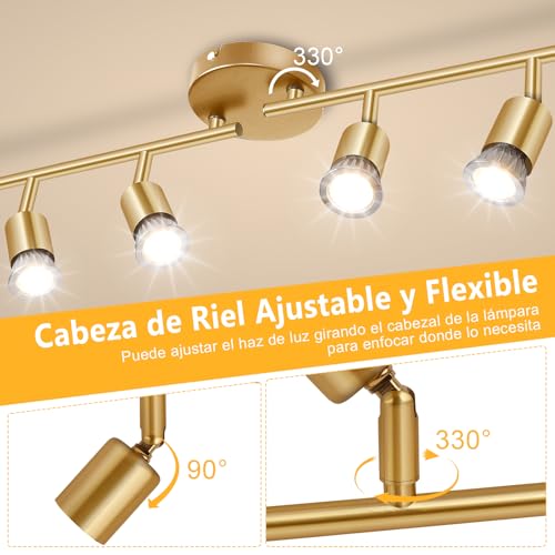 JSXing Kit de iluminación de riel, iluminación puntual de techo de 4 vías negra, cabezal de luz giratorio flexible, luz de riel (bombilla no incluida) (Dorado, 4 luz)