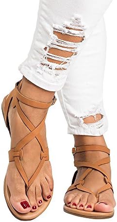 Women's Sandals Flip Flops Buckle Strap Beach Flats Gladiator Sandals Brown US 8