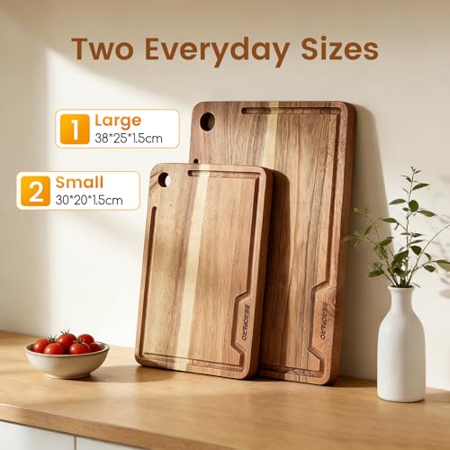 Acacia Wood Cutting Board Set of 2 for Kitchen – Natural Wooden Cutting Boards with Deep Juice Groove, Food Safe Hardwood, Large & Small Sizes (38x25cm & 30x20cm)