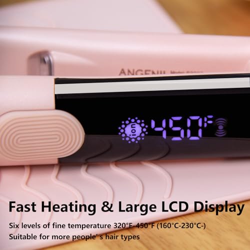 ANGENIL Pro Titanium Flat Iron Hair Straightener and Curler 2 in 1, Dual Voltage Hair Straightening and Curling Irons, Round Pink Hair Straightener with Heat Resistant Silicone Mat Tools, 15s Fast Heating