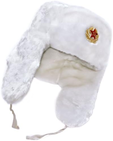 Authentic Russian Winter Hat Ushanka White, with Soviet Soldier Insignia