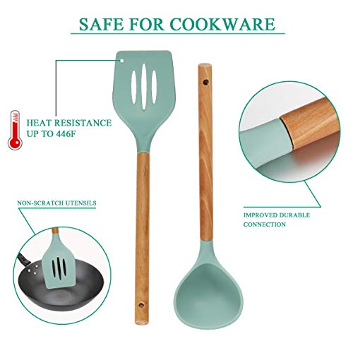 Kitchen Utensil Set 8 Piece Silicone Cooking Utensils Set, Wood Kitchen Utensils for Nonstick Cookware, BPA Free & Non Toxic Turner Tongs Spatula Spoon Set, Kitchen Tools Gadgets with Utensil Holder