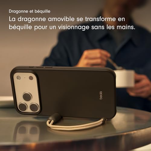 Coque avec béquille pour iPhone 17 Pro Max équipée MagSafe avec Commande de l'appareil Photo, Support intégré et dragonne, Fini Mat et Doublure en Tissu Microfibre - Gris Granite
