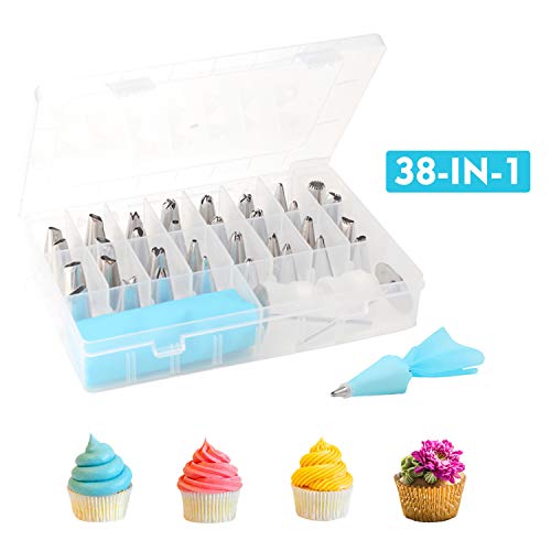 Xindinyi 38-in-1 Baking Supplies Cake Decorating Kits Tips with Storage Case, 32 Stainless Steel Icing Piping Tips with 2 Flower Nails, 2 Silicone Piping Bags and 2 Reusable Couplers