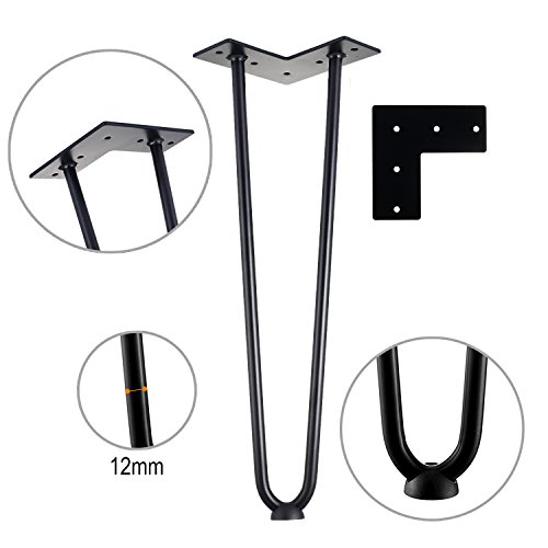 3S 16" Two-Rod Heavy Duty Hairpin Legs 1/2" Set of 4 Table Legs, Satin Black, Metal Legs, Screws Included