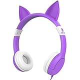 iClever BoostCare Kids Headphones, Cat-inspired Wired On-Ear Headsets with 85dB Volume Limited, Food Grade Silicone Material, 3.5mm Audio Jack Cable, Halloween and Christmas Gift for Children, Purple