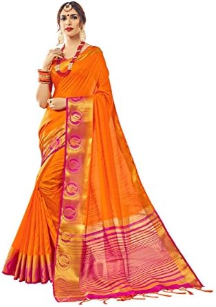 Urban India Women's Nylon Silk Jacquard Saree Free Size orange