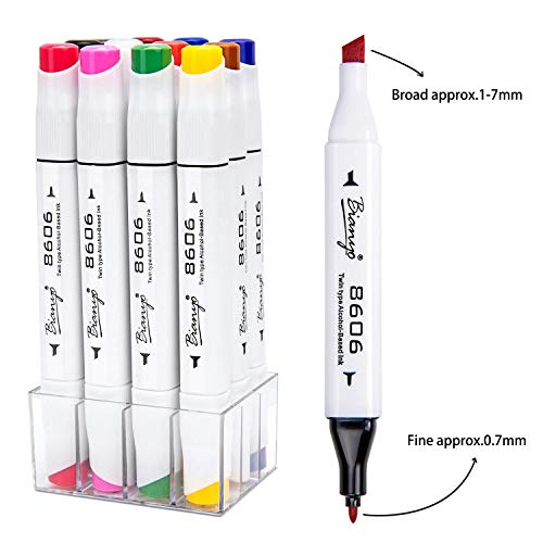 Bianyo Dual Tip Art Marker Pens Set- Fine and Chisel Nibs, 24 Colors Artist Permanent Coloring Highlighters Markers