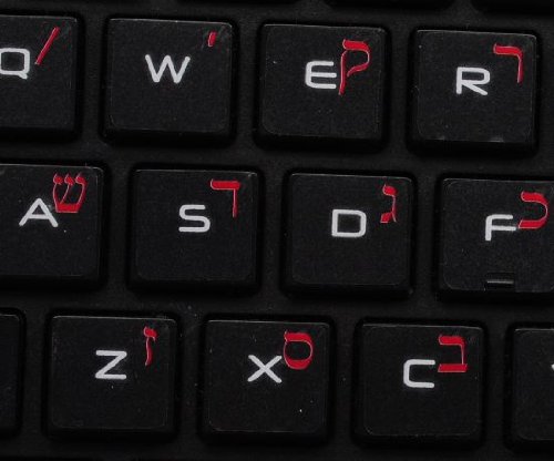 HEBREW APPLE KEYBOARD LABELS LAYOUT WITH BLUE, BLACK, ORANGE, RED OR WHITE LETTERING ON TRANSPARENT BACKGROUND FOR DESKTOP, LAPTOP AND NOTEBOOK (Red)