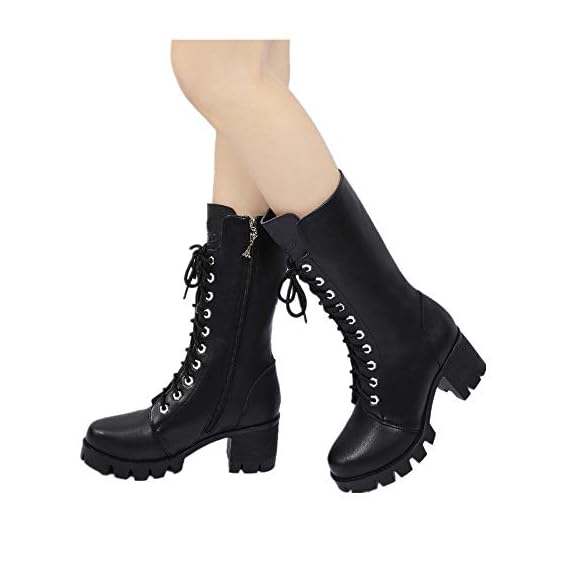 Women-Chunky-Heels-Boots-Plush-Lace-Off-Non-Slip-Waterproof-Mid-Half-Boots-Martin-Boots-Ladies-Autumn-Spring-Winter-Black