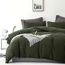 Luxlovery Army Green Pom Pom Comforter Set Queen