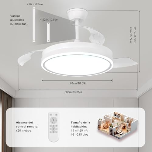 Dorlink Retractable Ceiling Fan 34 Inches with Lights, LED Remote Control with Continuous Dimerization, Modern Fan Lamp for Bedroom/Living Room/Kitchen, 3000K-6500K, 6 Speeds