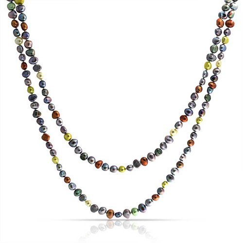 Bling Jewelry Multi Color Earth Tone Shades Freshwater Cultured Long Strand Pearl Necklace For Women .925 Sterling Silver 54 Inch