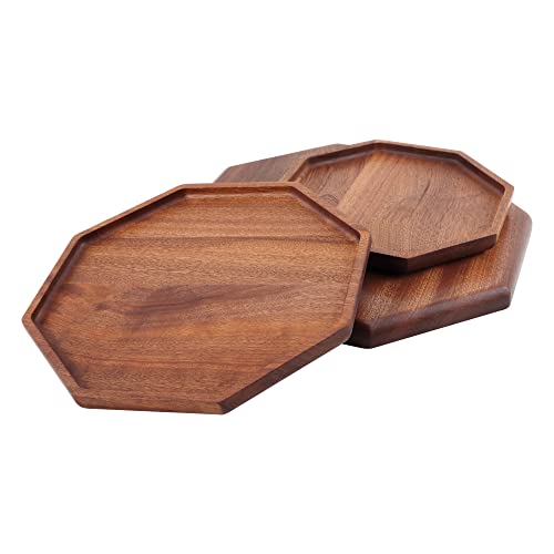 GMWD Set of 3 Ebony Wood Serving Trays, Food Tray Platter Octagon Dessert Plates Wooden Decorative Tray Charcuterie Board for Serving Breakfast Snacks Bread Fruit Party Appetizers