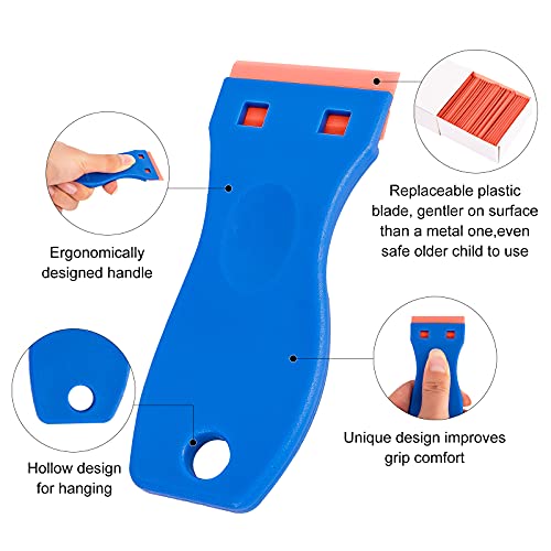 Plastic razor blade scrapers design to remove adhesives, labels and