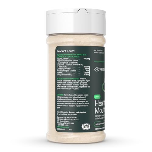 VETRISCIENCE HEALTHY MOUTH DOG DENTAL POWDER, PERIO SUPPORT CLINICALLY TESTED DENTAL POWDER FOR DOGS AND CATS, FRESHEN BREATH, CONTROL PLAQUE & TARTAR, ORAL HEALTH, 4.2 OZ