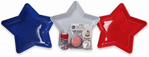 American Flag - Deluxe Cupcake Decoration and Serving Kit - 3 Star Shaped Serving Trays 24 Cupcake Molds 12 American Flag Picks 12 Fireworks Picks