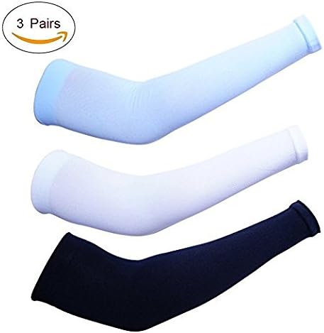 JZH Stretch UV Protection Cooling Arm Sleeves Set, Sports Compression Arm Sleeve for Hiking/Bike/Golf/Basketball/Running/Volleyball Athletic. (3 Pairs) (Black+White+Blue)