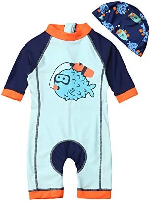Xiaodriceee Toddler Baby Wetsuit Boy Girl Long Sleeve Puffer Diving Suit Jumpsuit Romper+Swim Hat Clothes Set