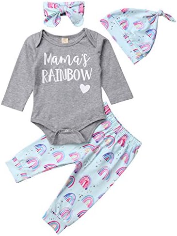 Gogoboi 4Pcs Toddler Baby Girls Clothes Set, Cotton Long Sleeve Bodysuit+Rainbow Pants, Hat, Headband Outfits Set 0-2 Years