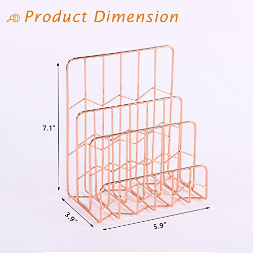 Simmer Stone Mail Sorter, 3 Slot Letter Holder Rack, Decorative Desk Paper Organizer for Postcards, Envelopes, Brochures and Files, Size 5.9" x 3.9" x 7.1", Rose Gold