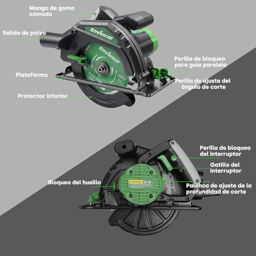 Enventor 1300W Circular Saw, Hand Circular Saw 5000RPM, Cutting Depth 65mm(90°), 44mm(45°), 1 Saw Blades (185mm, 24T), Ideal for Cutting Wood, PVC