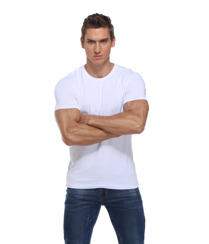 COLORFULLEAF 3/5er Pack Bambus Rundhals T-Shirt Herren Stretch Unterziehshirt Männer Einfarbig Business Arbeitstshirts(Weiß,L) 2