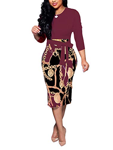 Dresses for Women Work Casual - Cute Bowknot 3/4 Sleeve Floral Bodycon Dress Wine Red Medium