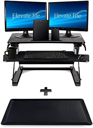 Standing Desk by Elevate Life, 35 Inch Surface for Dual Monitors, Tablet/Smart Phone Slot, Separate Keyboard and Mouse Tray, Easy Rising Sit Stand Desk, Solid Sturdy Design, INCLUDES ANTI-FATIGUE MAT