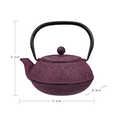 30 oz Cast Iron Teapot Enamel Lining W/Metal Infuser Tea Kettle,Purple