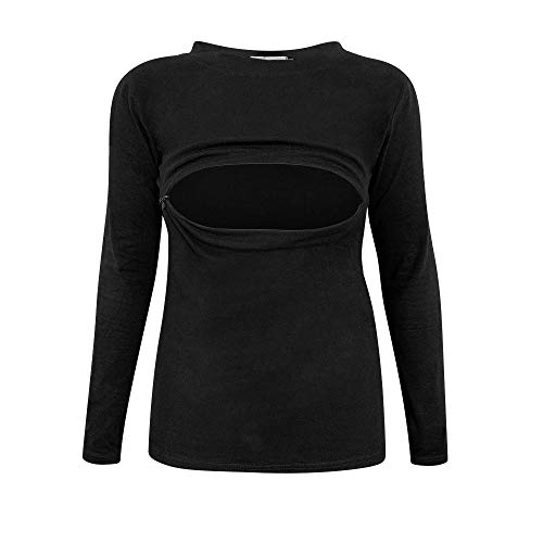 Women's Nursing Top Long Sleeve Breastfeeding Clothes Crew Neck T-Shirt Casual Tee Black (Black, L)