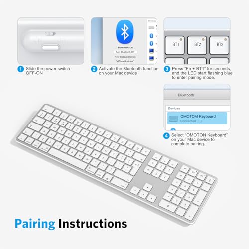 OMOTON Wireless Bluetooth Keyboard for Mac (MacBook Air/Pro/iMac/iMac Pro), Rechargeable Keyboard to Multi Devices, Silent Slim, with 3 Bluetooth channels for MacOS, QWERTY UK