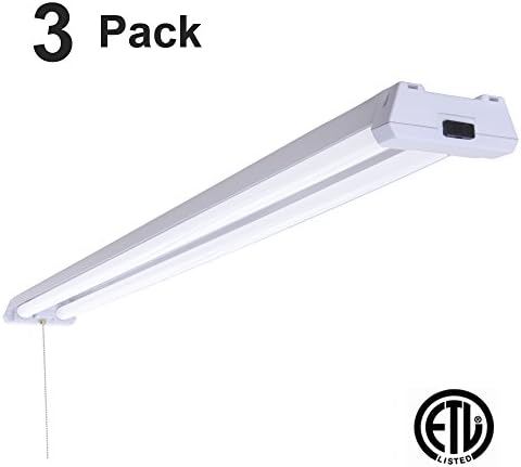 LED 4ft Utility Shop Light-40w (100W Replacement), 5000K (Daylight) Garage Ceiling Fixture, 4100 Lumens, Linkable, Pull Cord Switch, 5 Ft Plug-In Cord, 3 Pack