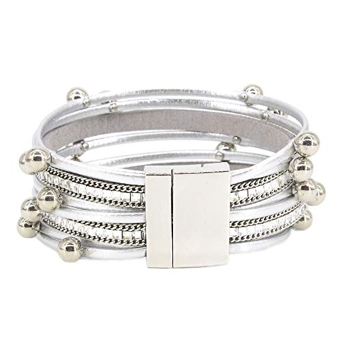 FANCY SHINY Bead Leather Bracelet Boho Wrap Bracelet Layered Rhinestone Cuff Bracelet with Magnetic Clasp,7.5"(Silver)