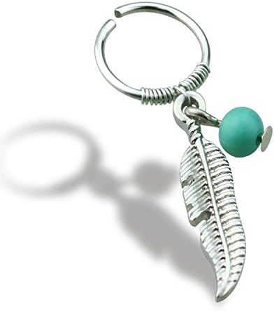 Tribal Feather Dangle Turquoise Beaded Nose Hoop 316L Surgical Steel Size 20GA 5/16" Little Aiden (Silver)