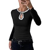 Ninimour Women Long Sleeve Shirt Going Out Top Rhinestone Sequin Keyhole Neck Knit Ribbed Slim Casual T-Shirt