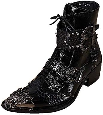 Men's Western Cowboy Ankle Boots Leather Black Lace up Buckle Pointed Metal Toe Shoes Formal Wedding Evening Party