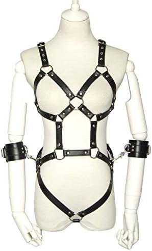 Pu革ボディハーネス ボンテージ束縛具 プレイ拘束女性用 セクシー Sm趣味の服装 舞台夜店の道具衣装 鋼管ダンサーの王服 大人のpu革の服 夫婦の おもちゃ コスチューム 過激下着 穴あき サイズ調節可能 黒 Pu革ボディハーネスと手錠をかけ
