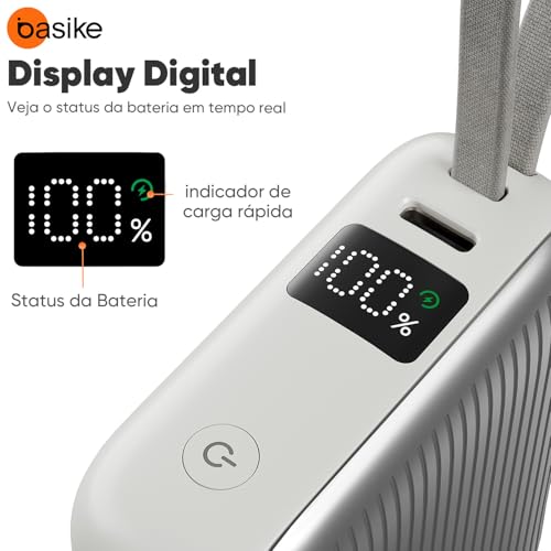 Basike Power Bank, Carregador Portátil 10000mAh 35W, 2-Saídas com Cabo Tipo-C Integrado, Bateria Externa de Carregamento Rápido PD/QC para iPhone Séries 17/16/15, Samsung S25/24/23/22 (Cinza)