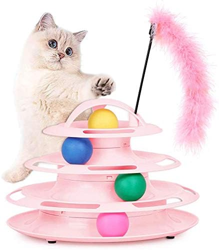 猫 おもちゃ ボール 回転 くるくる タワー ストレス 解消 4段 猫じゃらし付き 上質な作り ピンク