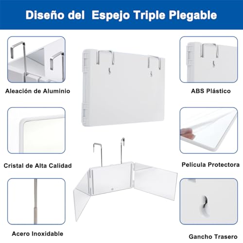 FHZLAJ Espejo de LED Recargable de 3 Vías, Espejos Triple Plegable 360 °con Ganchos Ajustables de Altura espejo para Cortar Cabello Mirror de Aumento 5X para Hombre Mujer Hogar Baño Maquillaje Peinado