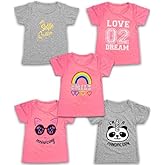 MISS POPULAR Girls 5-Pack Printed T-Shirts, Pink Grey Short Sleeve, Crew Neck. Unicorn, Panda, Selfie, Rainbow. Size 4-16