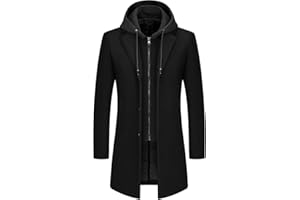 Lamgool Men's Winter Long Coat Wool Blend Single Breasted Overcoat With Removable Hood